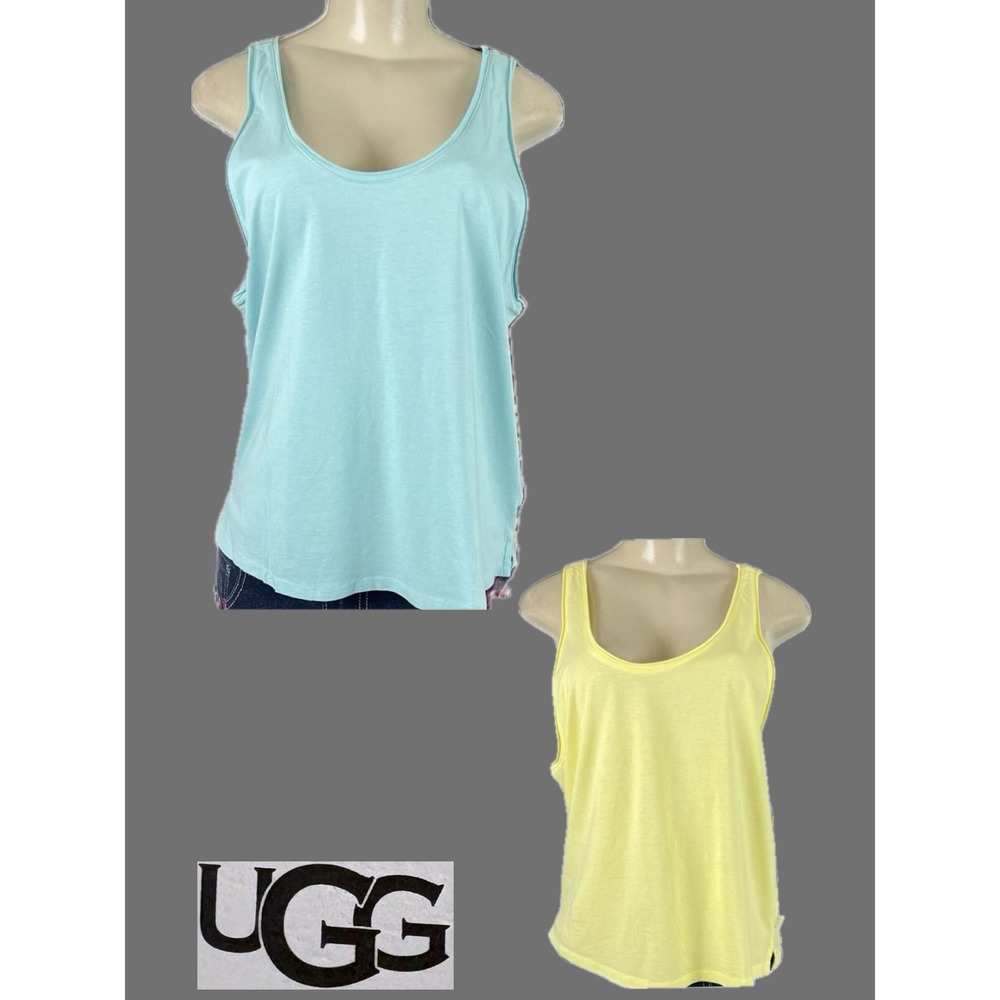 UGG L Coralynn Lot Of 2 Tank Tops Blue Yellow Scoop Neck Rolled Raw Edge Detail